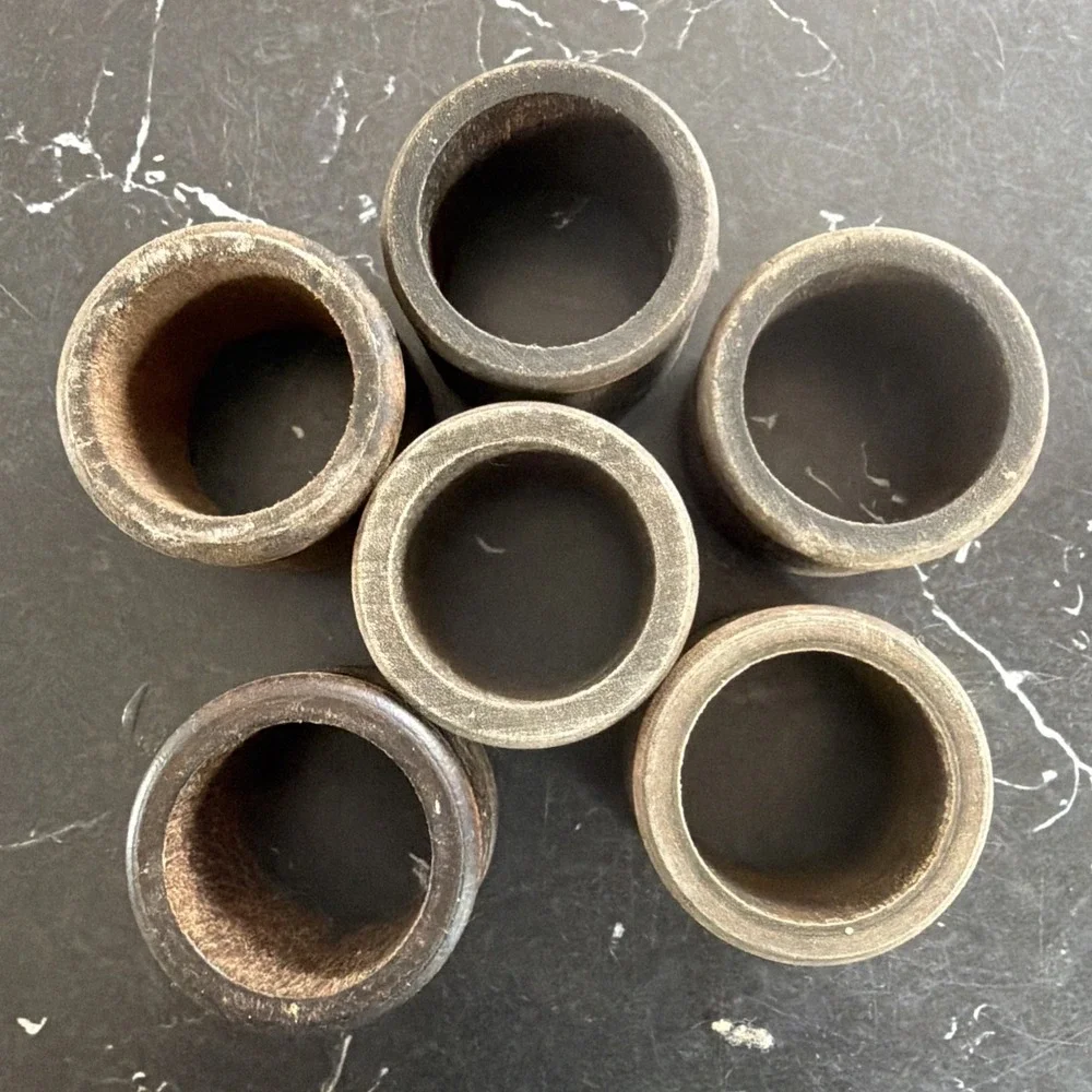 Vintage Rustic Wooden Napkin Rings Walnut Stained, Colonial, MCM Style Set of 6